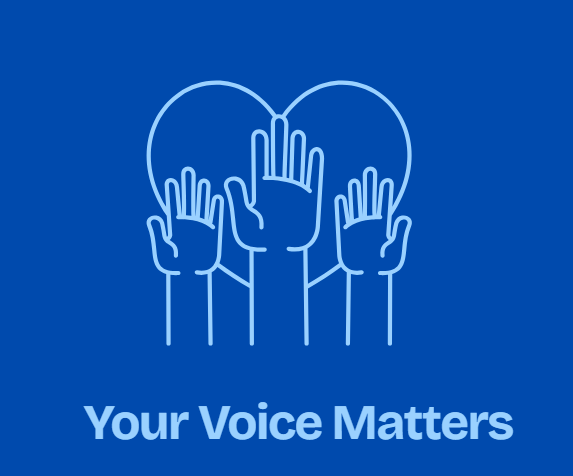 Graphic of 3 hands over a heart with the words "your voice matters"